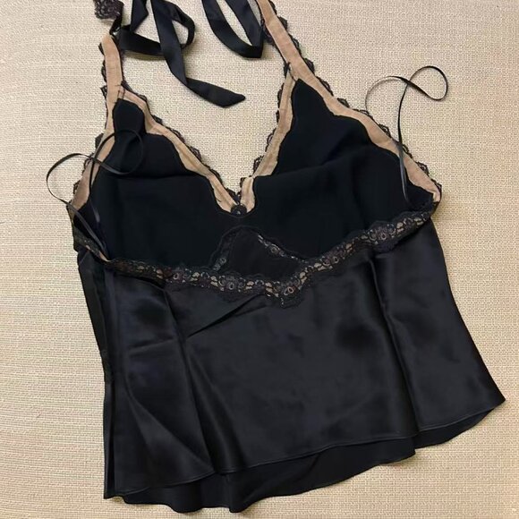 BEST Reformation Monica Silk Top Medium Black Noir Halter Lace Lux French - Picture 7 of 8